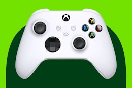Stock image of white Xbox Series X|S Wireless Controller over green max shape background