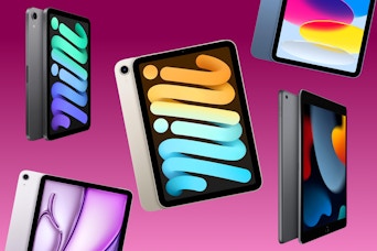 Various models of Apple iPads on a pink background