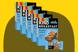 KIND Breakfast Bars, Blueberry Almond on a yellow background.