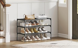 a shoe rack with shoe in a house's entryway next to a front door