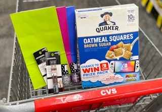 bags, brow pencils, nail polish, and cereal in shopping cart