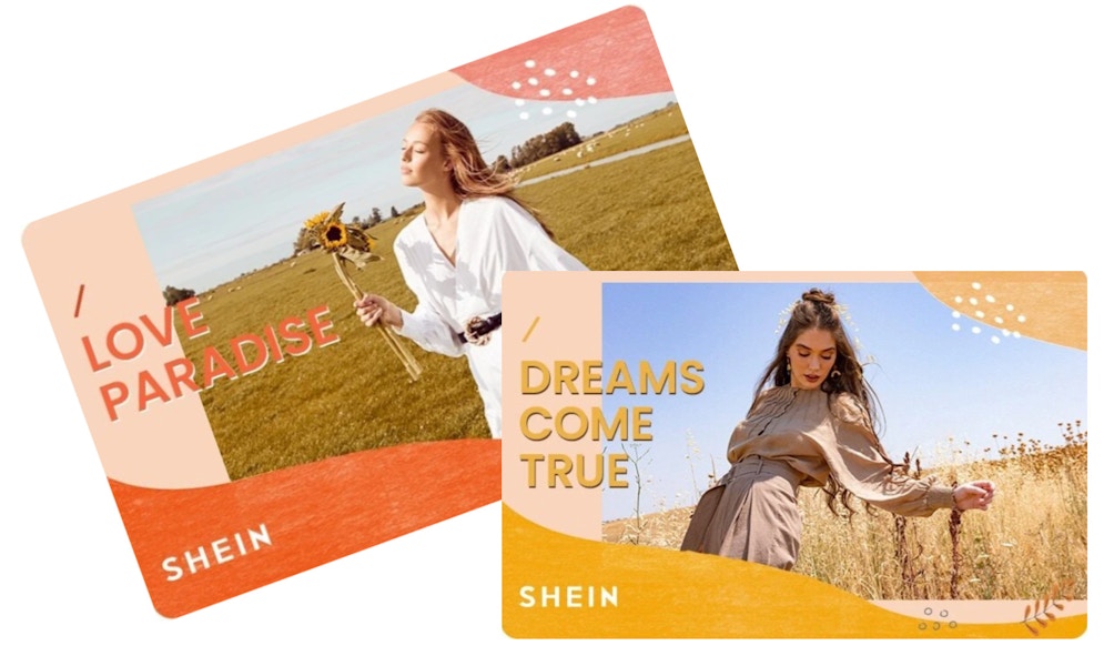 two shein gift cards overlapping each other