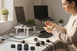 a woman with cable organizers at her desk