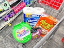 CVS shopping cart with gain, charmin, trolli, reese's puffs