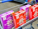 4 boxes of Yoggies multi-packs in Walmart shopping cart