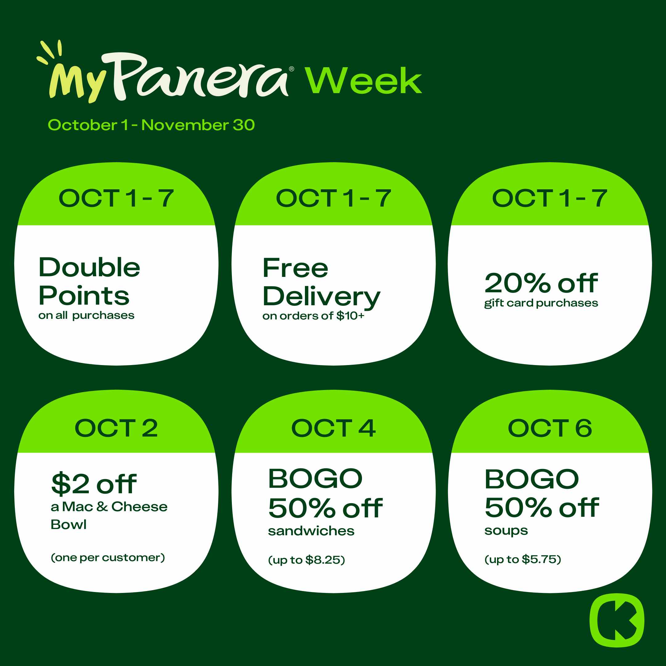 MyPanera Week graphic that shows only the deals from the first week of October. 