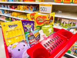 target easter clearance sitting in a target cart in front of signage