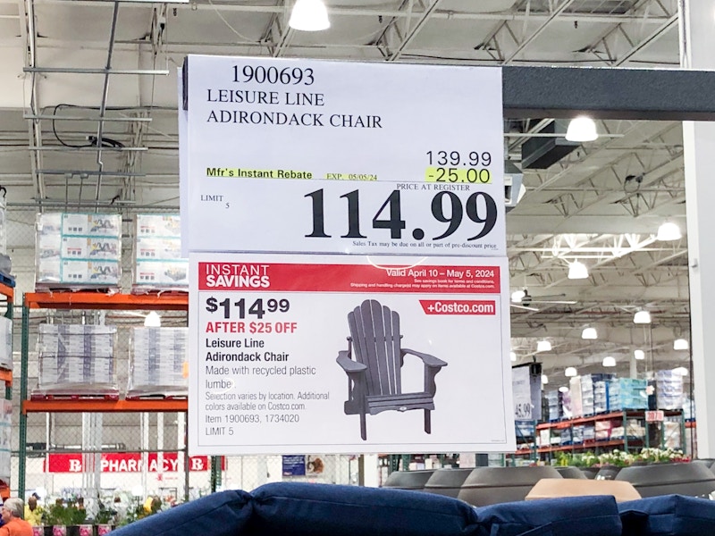 costco leisure line adirondack chair sinage