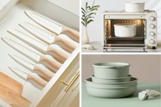 Three lifestyle images of some Carote Sets: 1 Knife set and 2 Pots & Pans sets