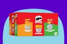 Pringles Potato Crisps Chips, On-the-Go Snacks, Snack Stacks, Variety Pack on a blue background.
