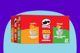 Pringles Potato Crisps Chips, On-the-Go Snacks, Snack Stacks, Variety Pack on a blue background.