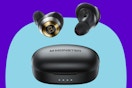 Monster Achieve 100 AirLinks Wireless Earbuds on a blue background.