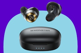 Monster Achieve 100 AirLinks Wireless Earbuds on a blue background.