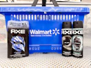 3 axe sprays sitting in front a walmart shopping basket