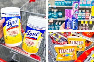 collage image of lysol wipes, m&ms, and crest toothpaste