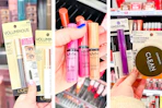 collage image of loreal mascara, nyx butter gloss, covergirl mascara, and covergirl setting powder