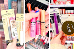 collage image of loreal mascara, nyx butter gloss, covergirl mascara, and covergirl setting powder