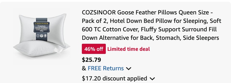 goose feather pillow Amazon receipt