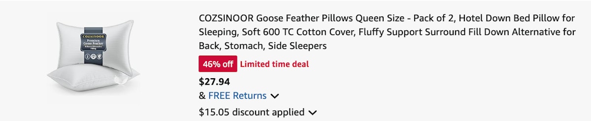 goose feather pillow Amazon receipt