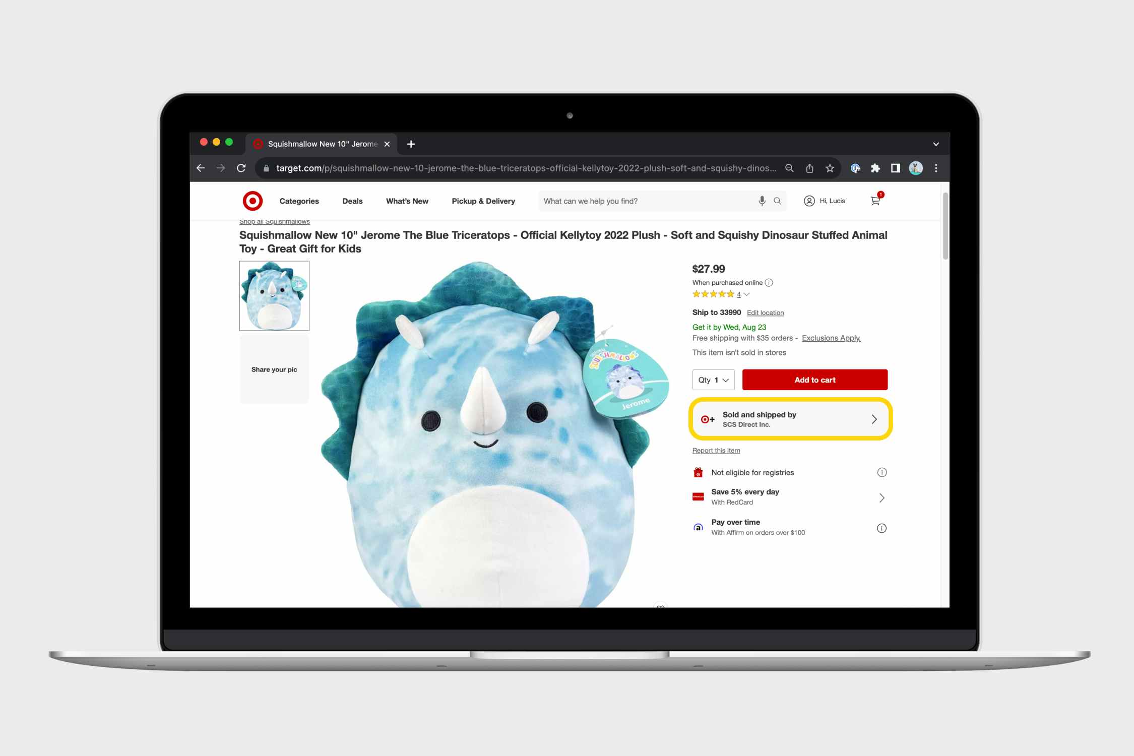 a laptop displaying a Squishmallow on Target.com showing the third party seller