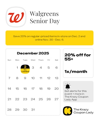 calendar graphic of walgreens senior day dec 2 2025