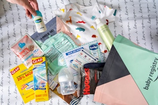 baby products laid out with an amazon baby registry free welcome bag