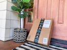 An Amazon box sitting on a front porch, leaning against the front door, next to a potted plant.