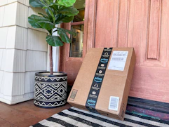 An Amazon box sitting on a front porch, leaning against the front door, next to a potted plant.