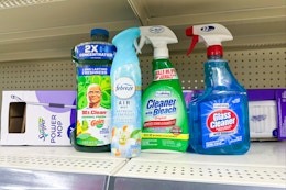 swiffer, mr. clean, febreze, and true living cleaning products on a store shelf