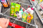 garnier shampoo, cerave cleanser, covergirl eyeliner, softsoap, and lubriderm lotion in a cart