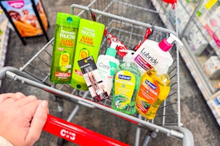 garnier shampoo, cerave cleanser, covergirl eyeliner, softsoap, and lubriderm lotion in a cart