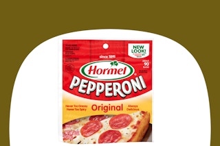 dollar general hormel pepperoni on olive and white background