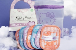 hello kitty makeup eraser set on a sky background