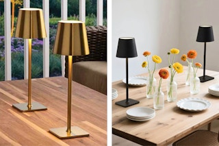 2 lifestyle images of the Mainstays Cordless Lamp Set (gold & black): one outdoor and one indoor photo