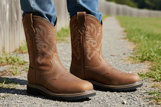 lifestyle image of a person standing outside in steel toe cowboy work boots
