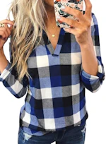 Dokotoo Women's Plaid V-Neck Top