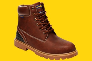 Stock image of Goodyear work boot from walmart.com used over yellow template