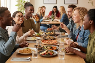 a group of people eating at a Restaurant