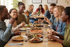 a group of people eating at a Restaurant