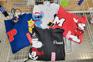pooh, stitch, mickey, and peanuts hoodies in a cart