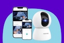 Stock image of the FEBFOXS 2K Baby Monitor with two iPhones to showcase app capabilities 