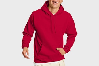 A person wearing a red hoodie