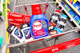 colgate toothpaste, degree deodorant, persil detergent, maybelline eyeshadow, and gillette foamy shave cream in a cart