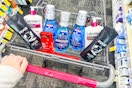 person pushing a cart with axe body wash, neutrogena acne patches, crest mouthwash, and lubriderm lotion