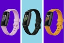 Three Fitbit Inspire 3s with pink, black, and yellow bands, respectively
