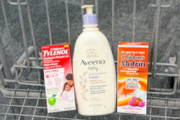 Shopping cart with Aveeno, Tylenol, Motrin
