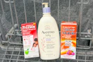 Shopping cart with Aveeno, Tylenol, Motrin