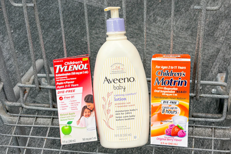 Shopping cart with Aveeno, Tylenol, Motrin