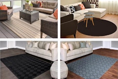 4 lifestyle images of area rugs in different indoor and outdoor settings