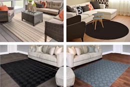 4 lifestyle images of area rugs in different indoor and outdoor settings